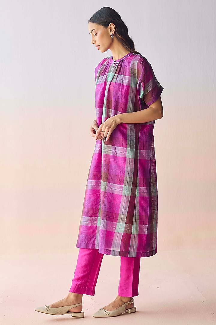 Multi-Colored Handwoven Kota Silk Checkered Kurta Set by Surmaye at Pernia's Pop Up Shop