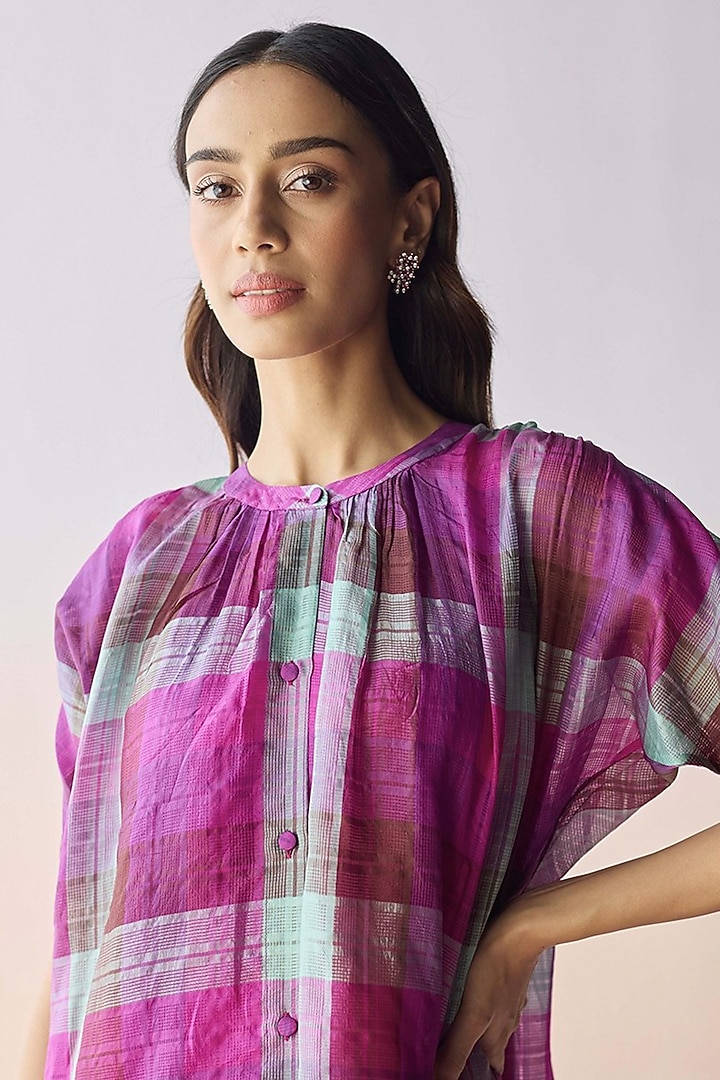 Multi-Colored Handwoven Kota Silk Checkered Kurta Set by Surmaye at Pernia's Pop Up Shop