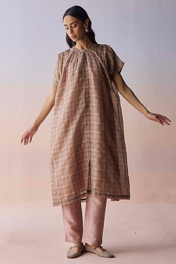 Brown Handwoven Kota Silk Kurta Set by Surmaye at Pernia's Pop Up Shop