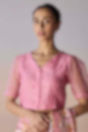 Coral Pink Handwoven Organza Silk Floral Cutwork Blouse by Surmaye at Pernia's Pop Up Shop