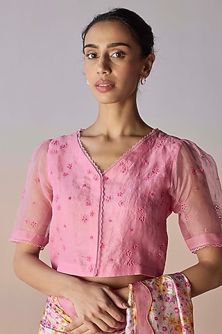 Coral Pink Handwoven Organza Silk Floral Cutwork Blouse by Surmaye