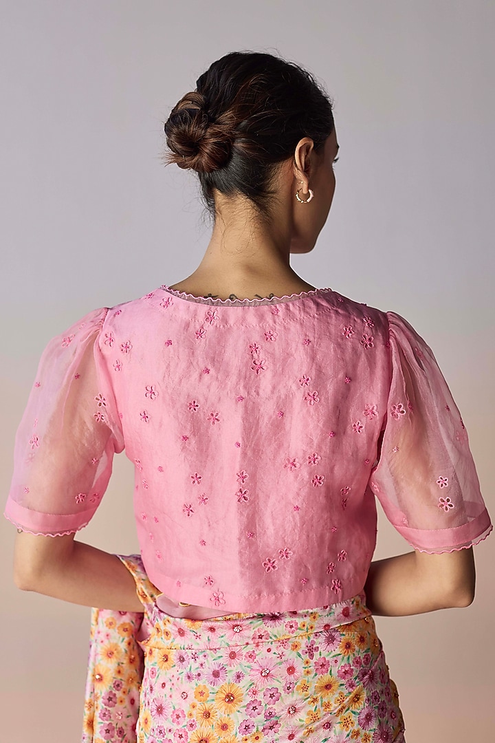 Coral Pink Handwoven Organza Silk Floral Cutwork Blouse by Surmaye at Pernia's Pop Up Shop