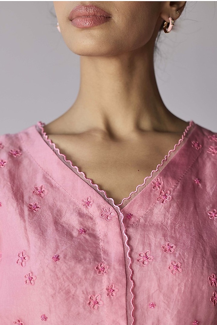 Coral Pink Handwoven Organza Silk Floral Cutwork Blouse by Surmaye at Pernia's Pop Up Shop