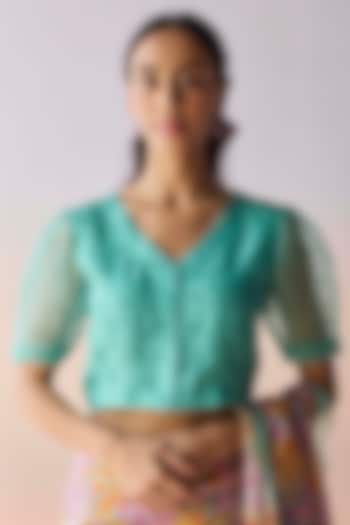 Coral Blue Handwoven Organza Silk Floral Cutwork Blouse by Surmaye at Pernia's Pop Up Shop
