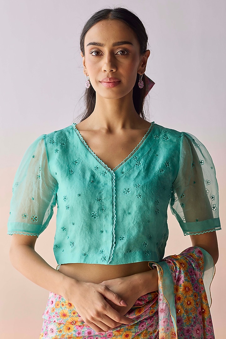 Coral Blue Handwoven Organza Silk Floral Cutwork Blouse by Surmaye at Pernia's Pop Up Shop