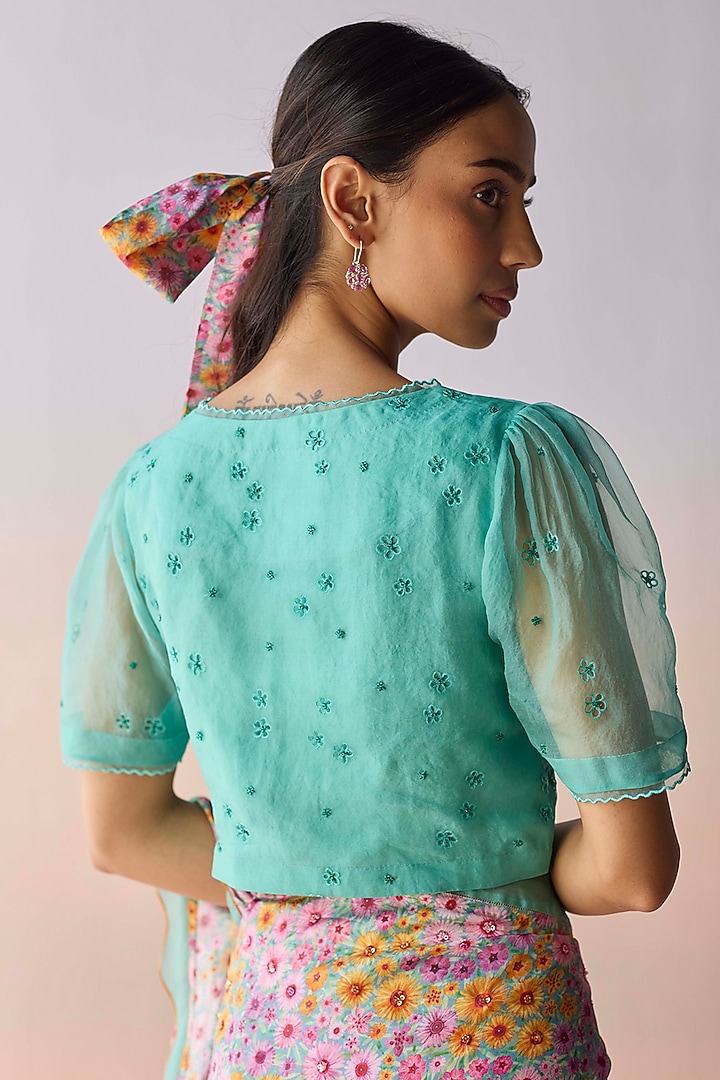 Coral Blue Handwoven Organza Silk Floral Cutwork Blouse by Surmaye at Pernia's Pop Up Shop