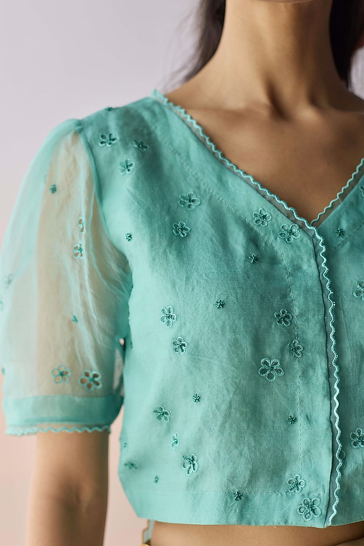 Coral Blue Handwoven Organza Silk Floral Cutwork Blouse by Surmaye at Pernia's Pop Up Shop