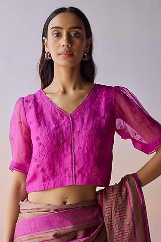 Pink Handwoven Organza Silk Floral Cutwork Blouse by Surmaye