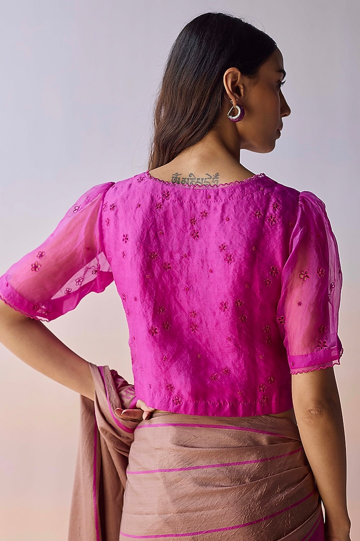 Pink Handwoven Organza Silk Floral Cutwork Blouse by Surmaye at Pernia's Pop Up Shop