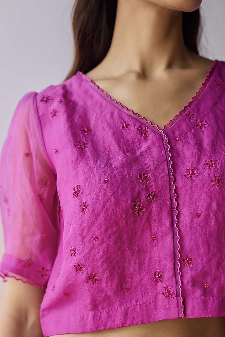 Pink Handwoven Organza Silk Floral Cutwork Blouse by Surmaye at Pernia's Pop Up Shop