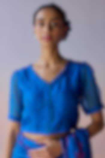 Blue Handwoven Organza Silk Floral Cutwork Blouse by Surmaye at Pernia's Pop Up Shop
