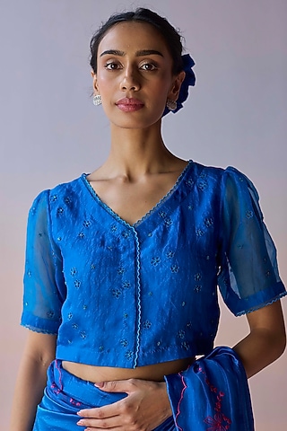 Blue Handwoven Organza Silk Floral Cutwork Blouse by Surmaye