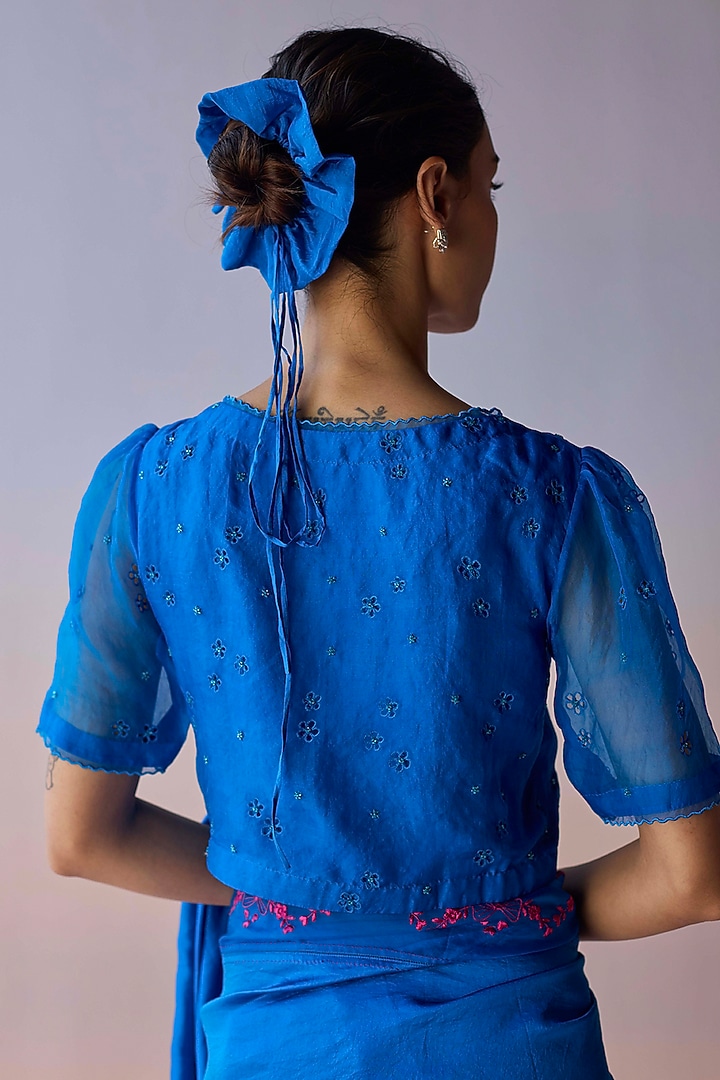 Blue Handwoven Organza Silk Floral Cutwork Blouse by Surmaye at Pernia's Pop Up Shop