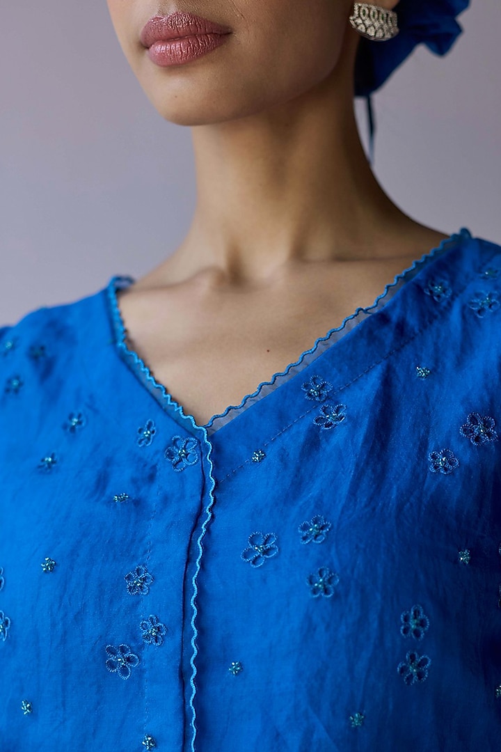 Blue Handwoven Organza Silk Floral Cutwork Blouse by Surmaye at Pernia's Pop Up Shop
