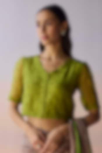 Green Handwoven Organza Silk Floral Cutwork Blouse by Surmaye at Pernia's Pop Up Shop