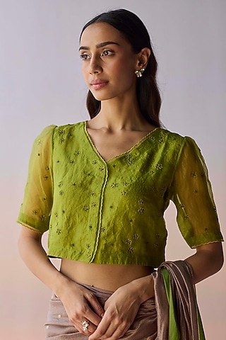 Green Handwoven Organza Silk Floral Cutwork Blouse by Surmaye