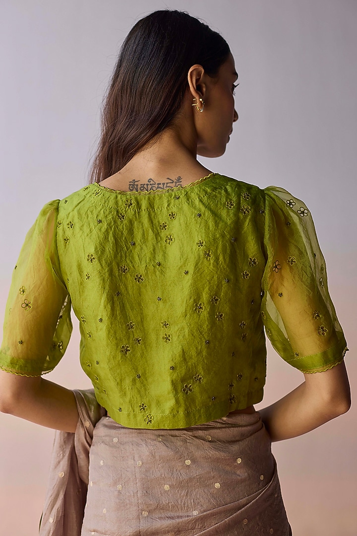 Green Handwoven Organza Silk Floral Cutwork Blouse by Surmaye at Pernia's Pop Up Shop