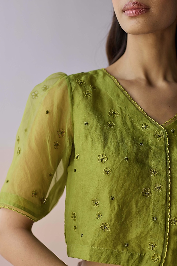 Green Handwoven Organza Silk Floral Cutwork Blouse by Surmaye at Pernia's Pop Up Shop