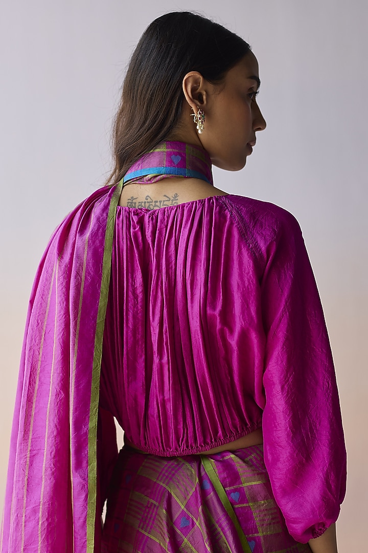 Pink Handspun Malda Silk Ruched Blouse by Surmaye at Pernia's Pop Up Shop