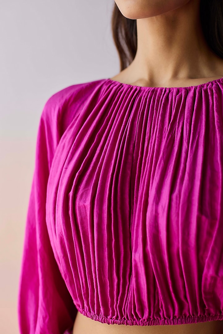 Pink Handspun Malda Silk Ruched Blouse by Surmaye at Pernia's Pop Up Shop