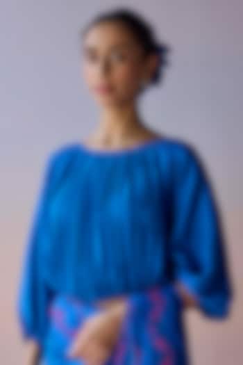 Blue Handspun Malda Silk Ruched Blouse by Surmaye at Pernia's Pop Up Shop