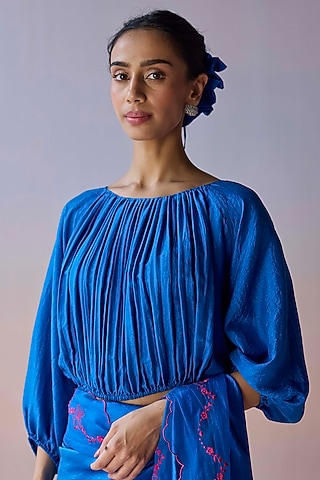 Blue Handspun Malda Silk Ruched Blouse by Surmaye