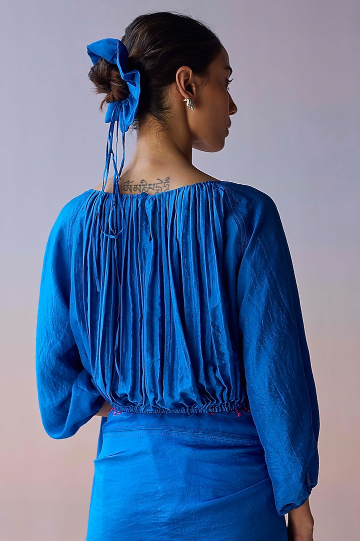 Blue Handspun Malda Silk Ruched Blouse by Surmaye at Pernia's Pop Up Shop