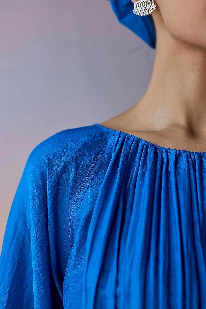 Blue Handspun Malda Silk Ruched Blouse by Surmaye at Pernia's Pop Up Shop