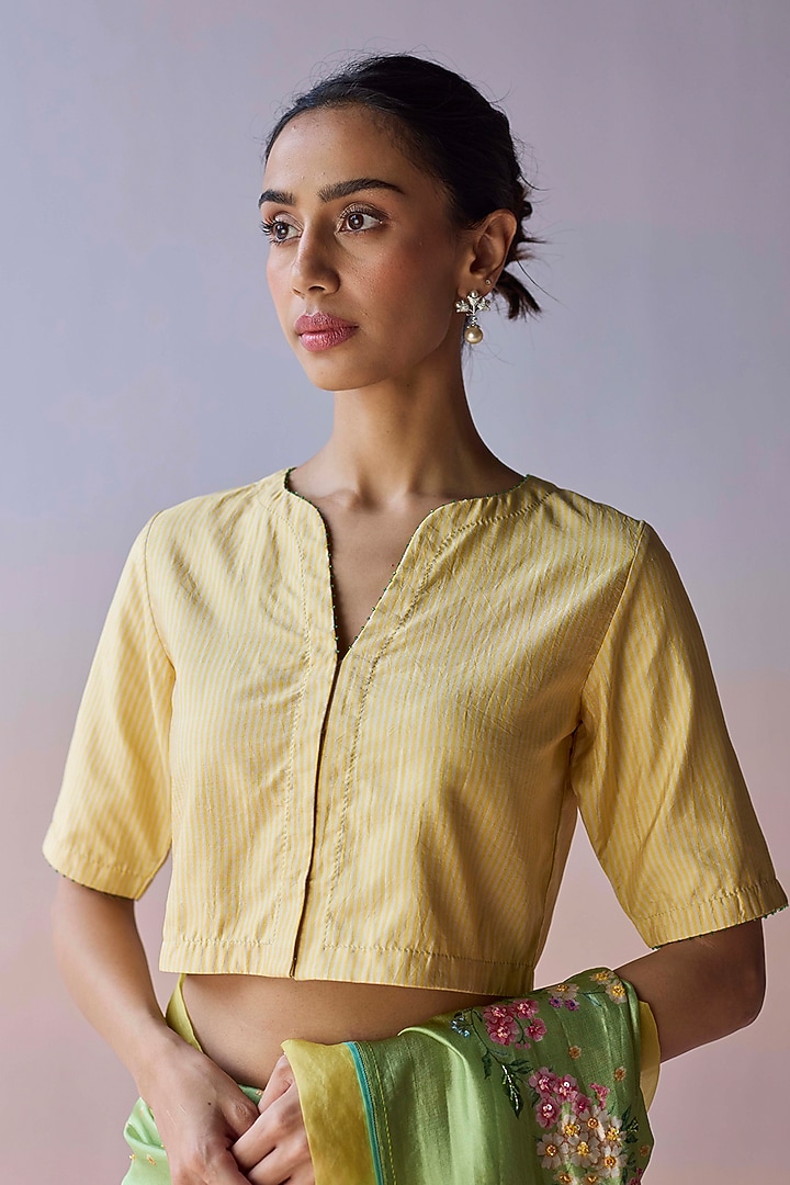 Yellow Handwoven Mulberry Silk Striped Blouse by Surmaye at Pernia's Pop Up Shop