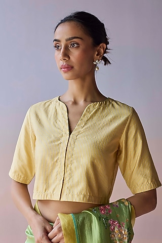 Yellow Handwoven Mulberry Silk Striped Blouse by Surmaye
