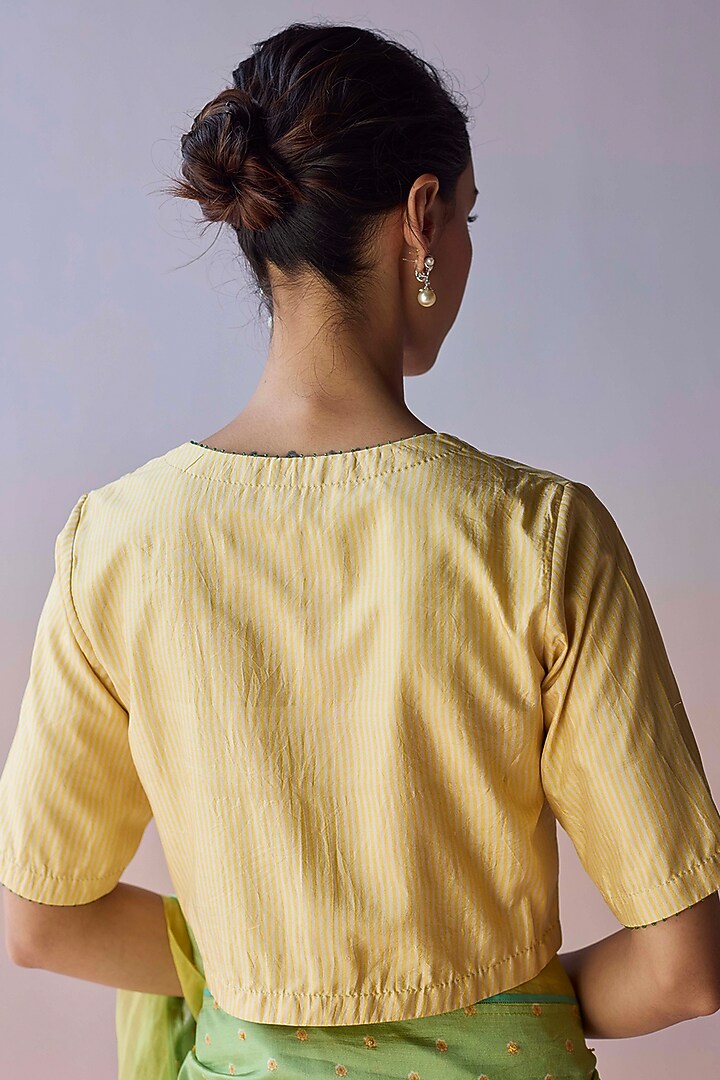 Yellow Handwoven Mulberry Silk Striped Blouse by Surmaye at Pernia's Pop Up Shop