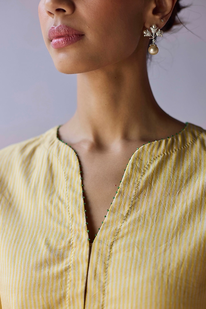Yellow Handwoven Mulberry Silk Striped Blouse by Surmaye at Pernia's Pop Up Shop