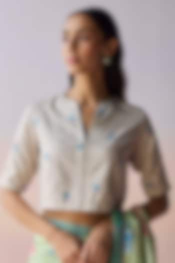 Mint Green & Pink Handwoven Mulberry Silk Striped Blouse by Surmaye at Pernia's Pop Up Shop