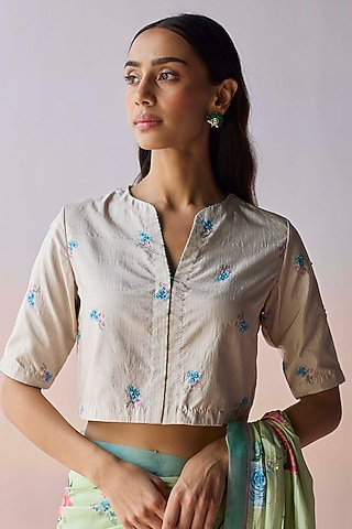 Mint Green & Pink Handwoven Mulberry Silk Striped Blouse by Surmaye
