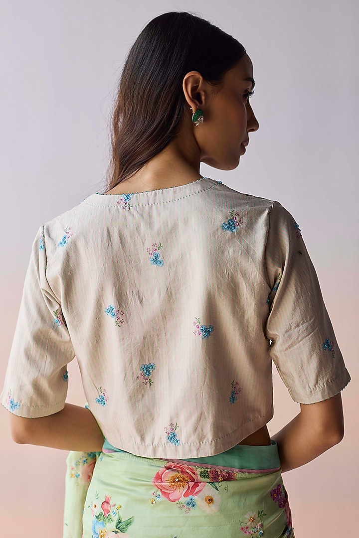Mint Green & Pink Handwoven Mulberry Silk Striped Blouse by Surmaye at Pernia's Pop Up Shop
