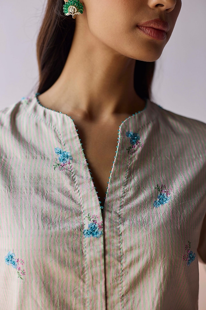 Mint Green & Pink Handwoven Mulberry Silk Striped Blouse by Surmaye at Pernia's Pop Up Shop