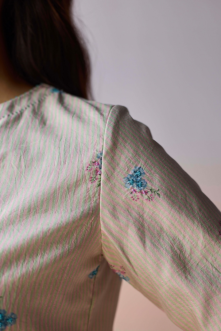 Mint Green & Pink Handwoven Mulberry Silk Striped Blouse by Surmaye at Pernia's Pop Up Shop