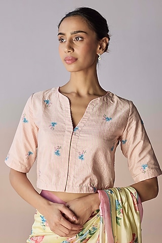 Pink Handwoven Mulberry Silk Striped Blouse by Surmaye