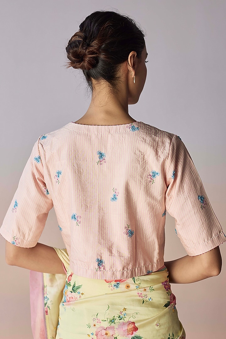 Pink Handwoven Mulberry Silk Striped Blouse by Surmaye at Pernia's Pop Up Shop