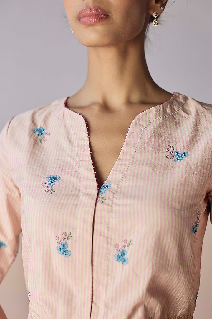 Pink Handwoven Mulberry Silk Striped Blouse by Surmaye at Pernia's Pop Up Shop