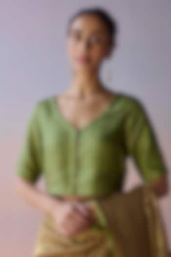 Green Handwoven Kota Silk Blouse by Surmaye at Pernia's Pop Up Shop