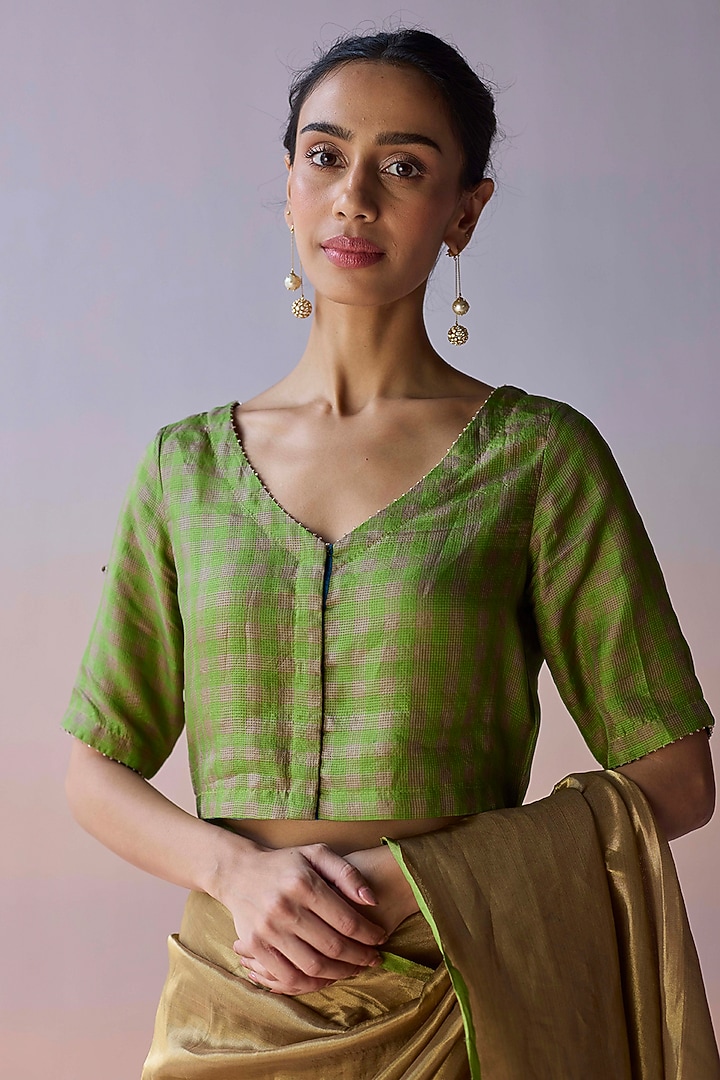 Green Handwoven Kota Silk Blouse by Surmaye at Pernia's Pop Up Shop