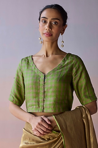 Green Handwoven Kota Silk Blouse by Surmaye