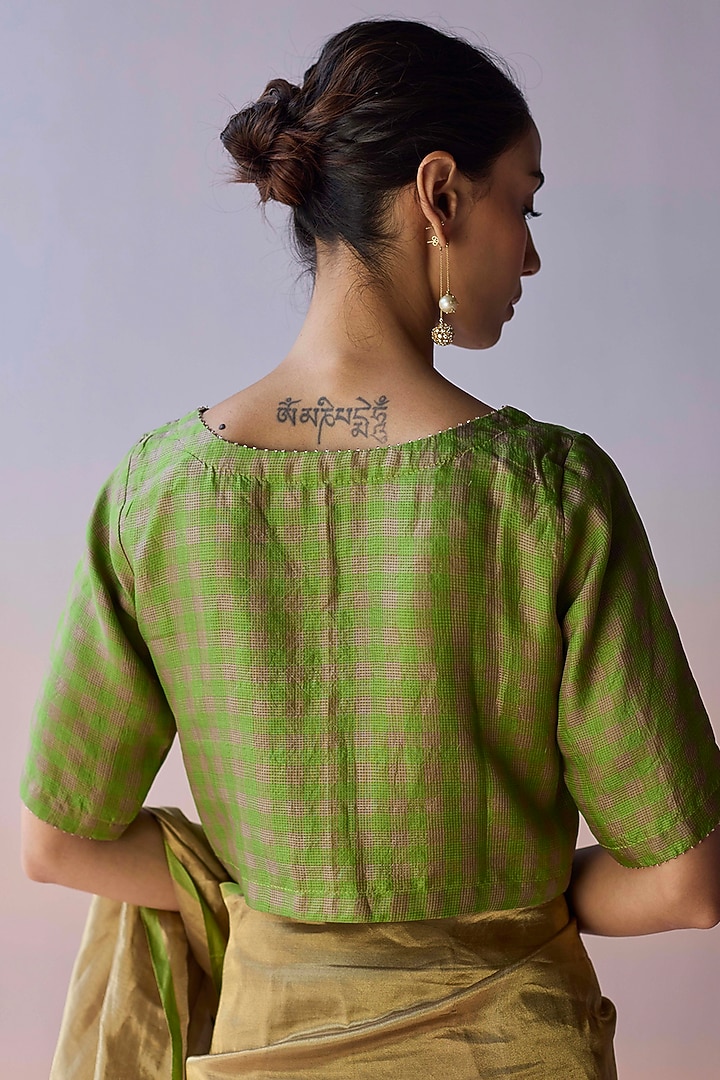 Green Handwoven Kota Silk Blouse by Surmaye at Pernia's Pop Up Shop