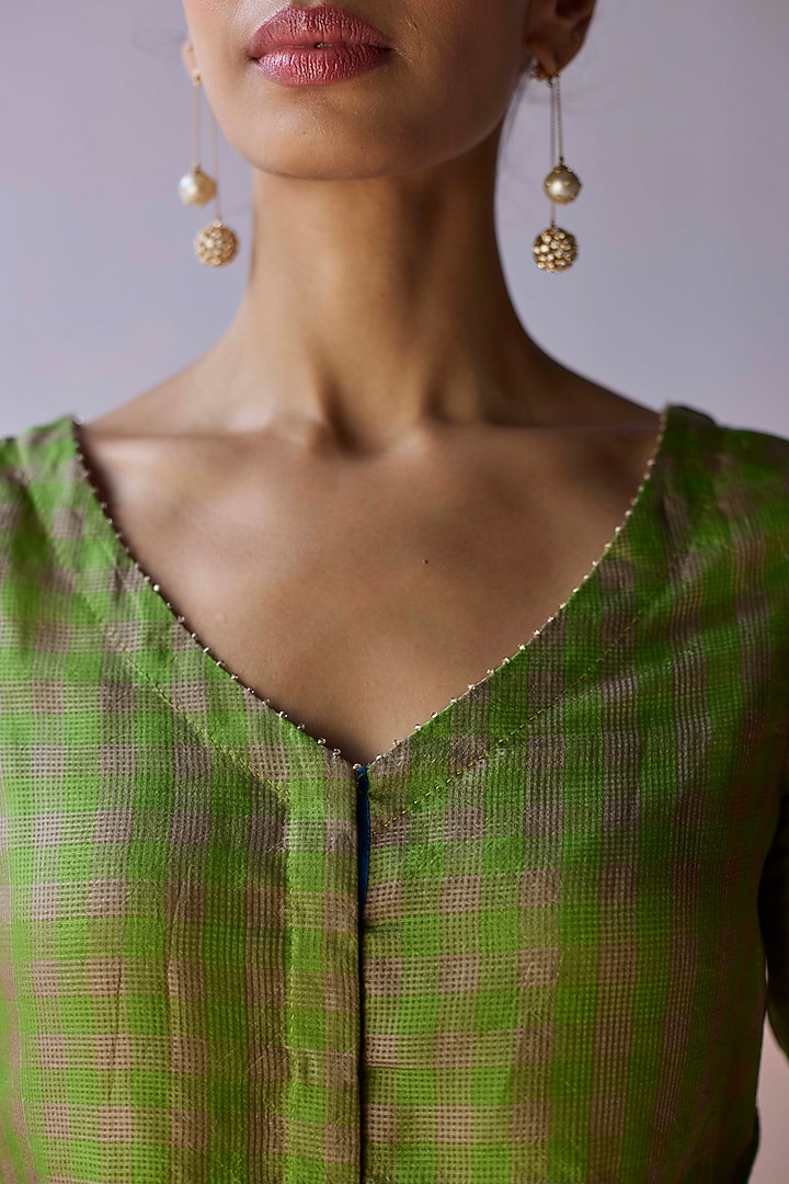 Green Handwoven Kota Silk Blouse by Surmaye at Pernia's Pop Up Shop