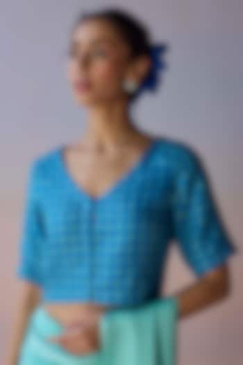 Blue Handwoven Kota Silk Checkered Blouse by Surmaye at Pernia's Pop Up Shop