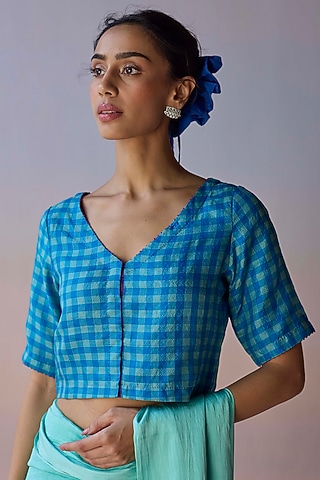 Blue Handwoven Kota Silk Checkered Blouse by Surmaye