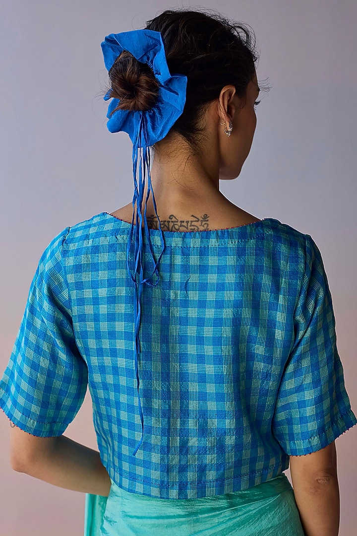 Blue Handwoven Kota Silk Checkered Blouse by Surmaye at Pernia's Pop Up Shop