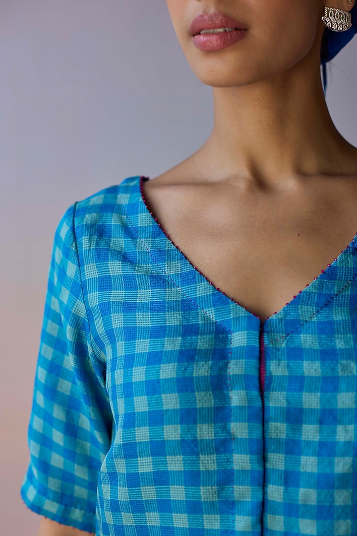 Blue Handwoven Kota Silk Checkered Blouse by Surmaye at Pernia's Pop Up Shop