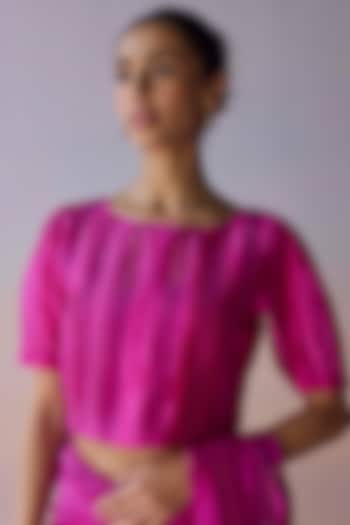 Pink Handwoven Organza Mulberry Silk Lace Embroidered Blouse by Surmaye at Pernia's Pop Up Shop